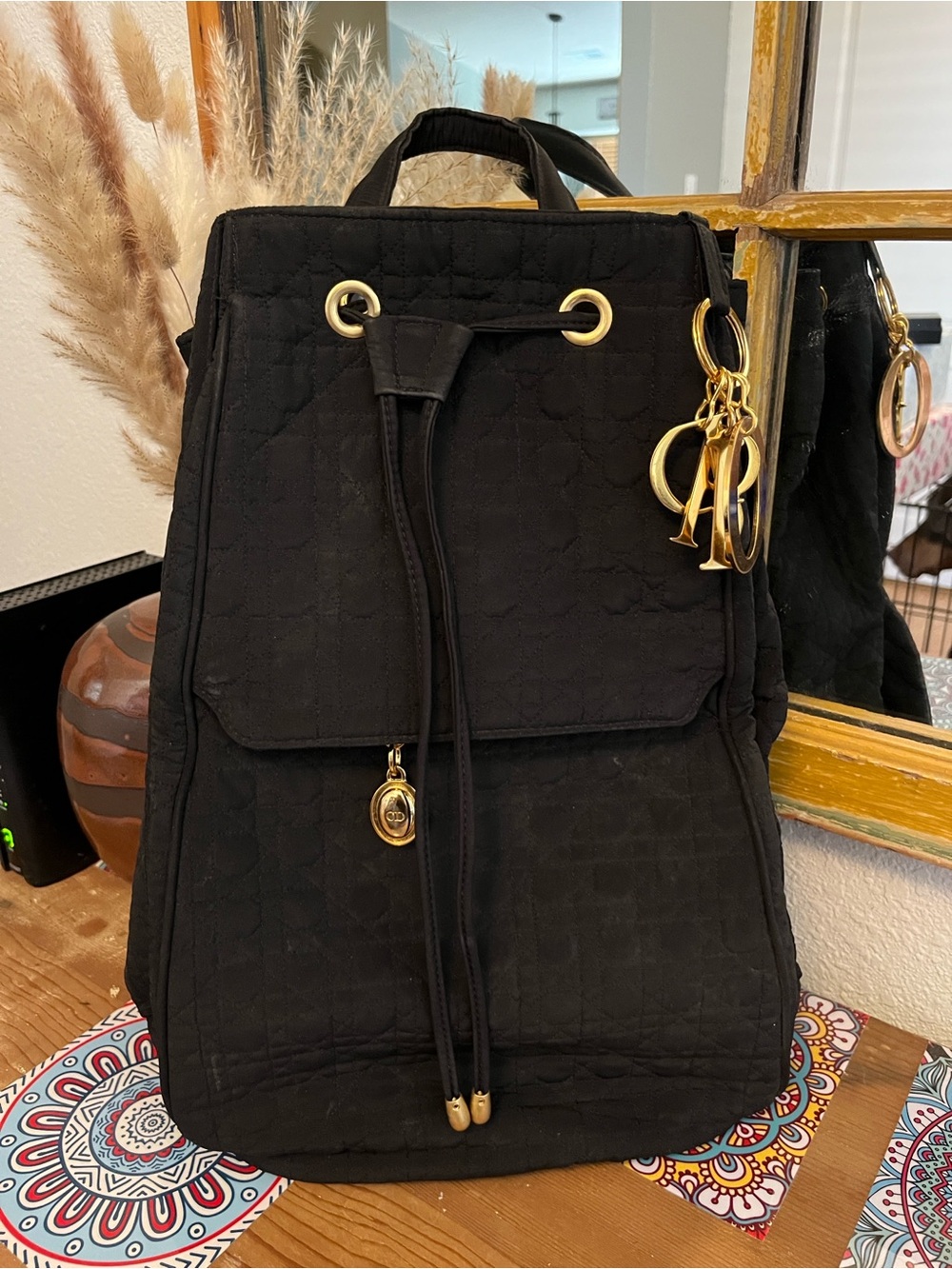 Excellent Dior lady Dior Quilted Backpack with Gold Charm Hardware